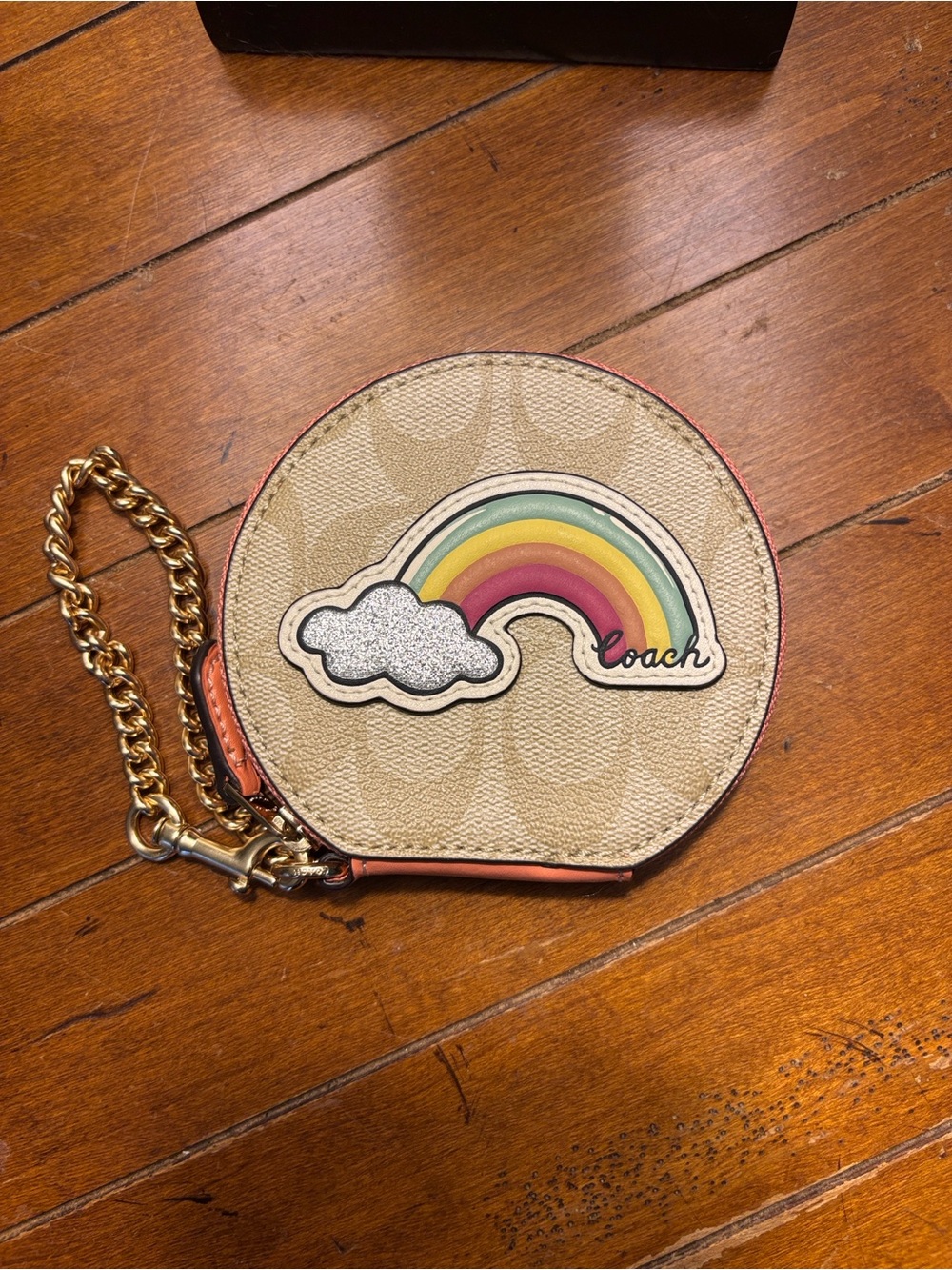 Coach Beige Round Coin Case with Rainbow Patch and Gold Chain Accent